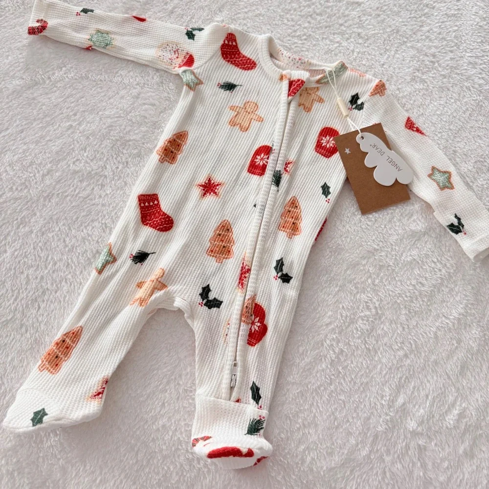 Angel Dear Newborn Christmas Footed Sleeper Waffle Knit Zip Pajamas Holiday  NWT